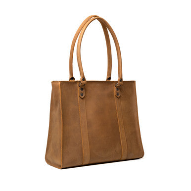 Women's Work Tote in Tobacco, angled front and side view with tall handles