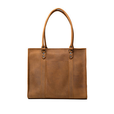 Women's Work Tote in Tobacco, front view with slip pocket and tall handles