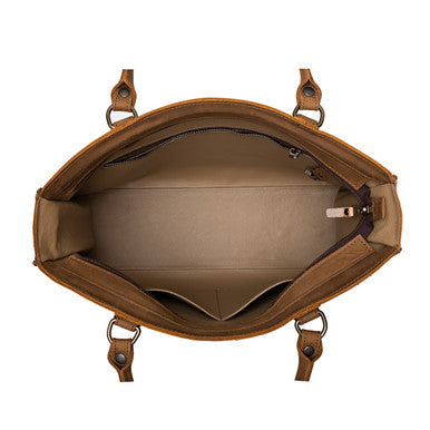 Women's Work Tote in Tobacco, top down view of the empty lined interior