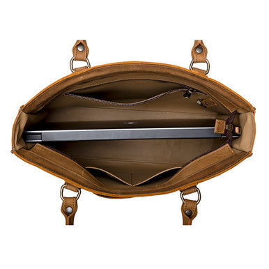 Women's Work Tote in Tobacco, top down view of the open interior holding a laptop