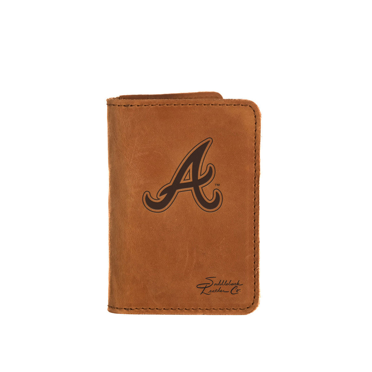 Leather Business Card Holder in Tobacco with embossed Atlanta Braves A logo, closed with a card peeking out