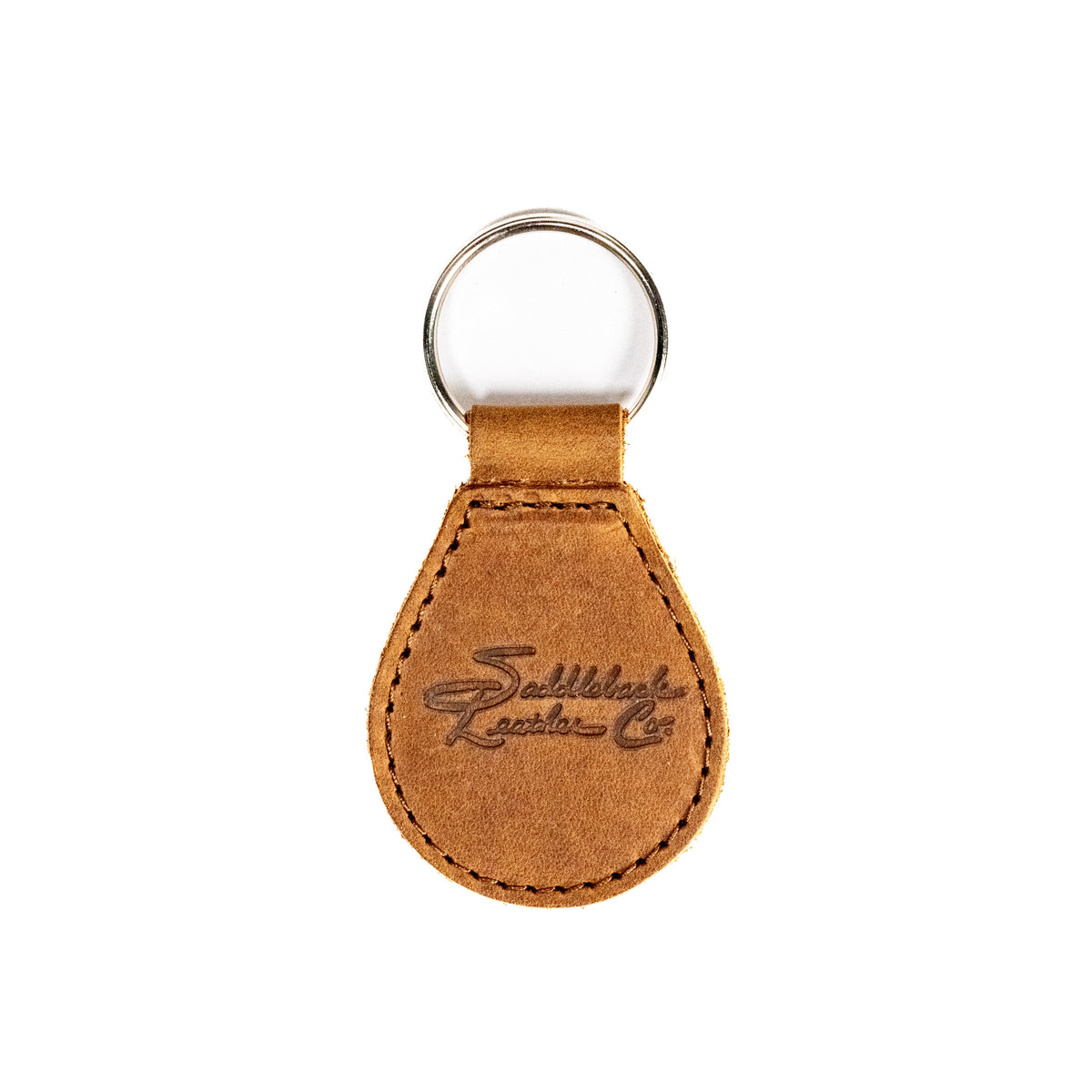 Auto Organizer Set leather keychain in Tobacco, front view of the teardrop fob with embossed Saddleback logo
