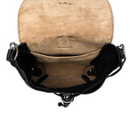 10" Convertible Crossbody in Black, top view open and empty showing suede lining and interior pockets