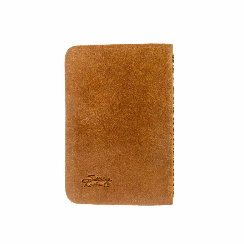 Leather Pocket Notebook in Tobacco, back cover view with debossed logo