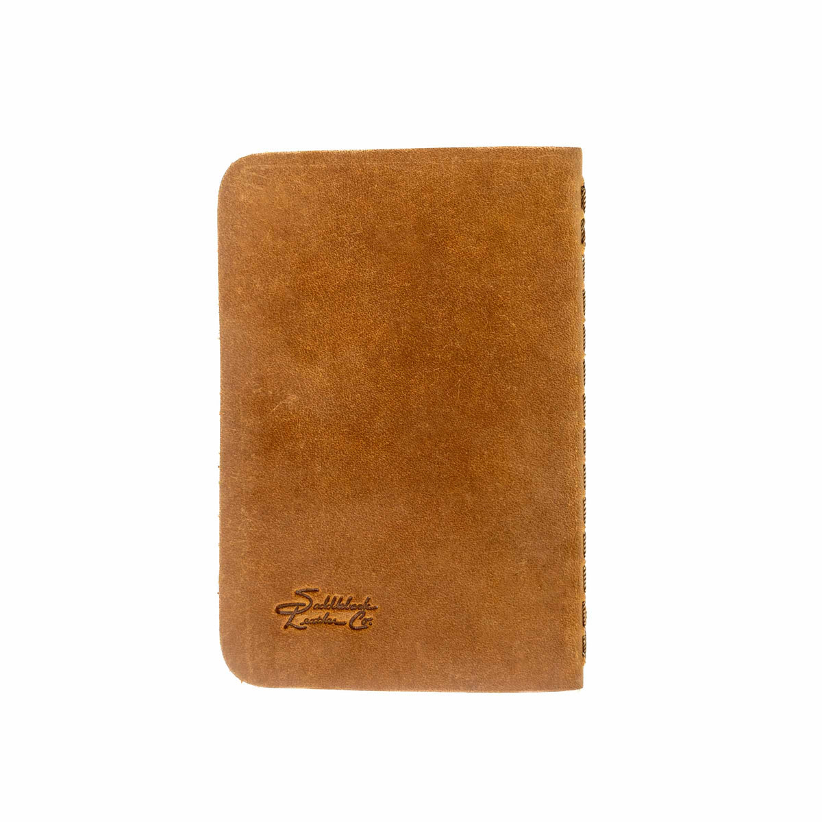 Leather Pocket Notebook in Tobacco, back cover view with debossed logo