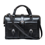 Blackstone Barrister Briefcase in Raven Black, front view with two buckled pockets and shoulder strap