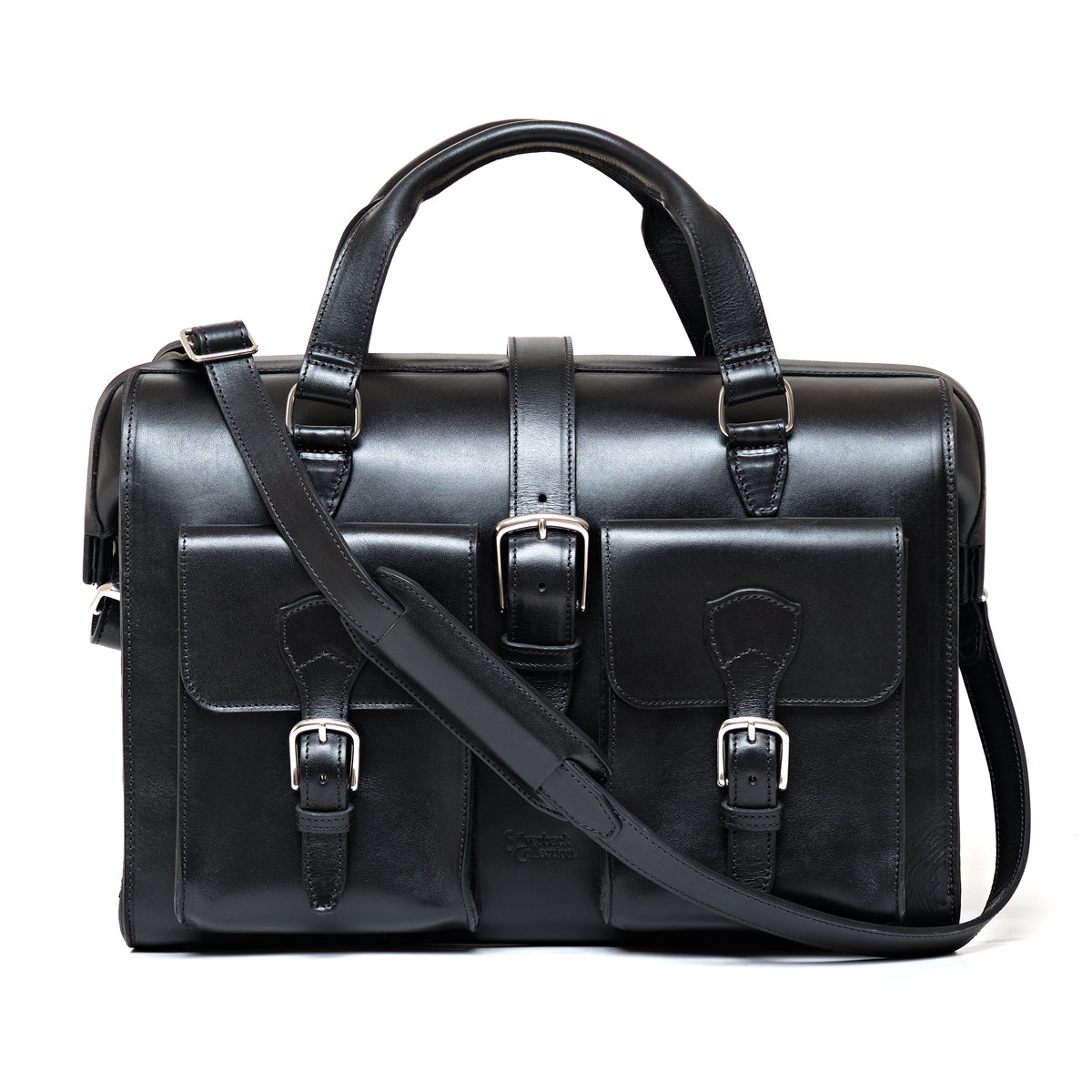 Blackstone Barrister Briefcase in Raven Black, front view with two buckled pockets and shoulder strap