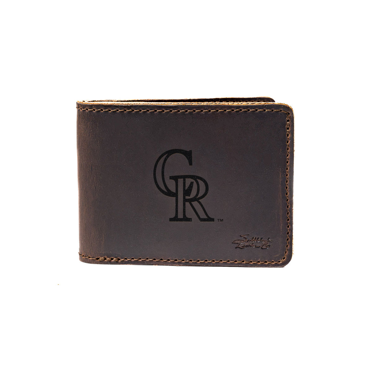 Leather Bifold Wallet in Dark Coffee Brown with embossed Colorado Rockies CR logo, closed front view