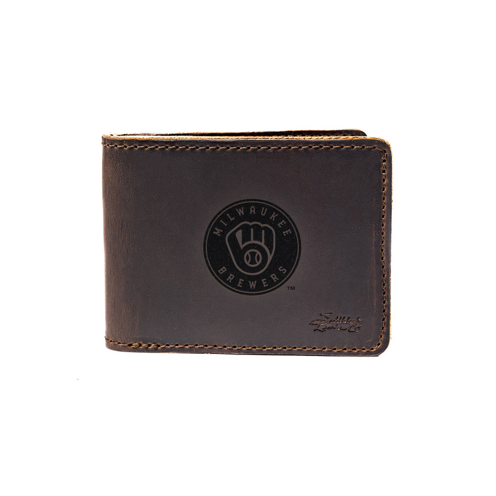 Leather Bifold Wallet in Dark Coffee Brown with embossed Milwaukee Brewers ball-in-glove logo, closed front view
