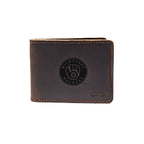 Leather Bifold Wallet in Dark Coffee Brown with embossed Milwaukee Brewers ball-in-glove logo, closed front view