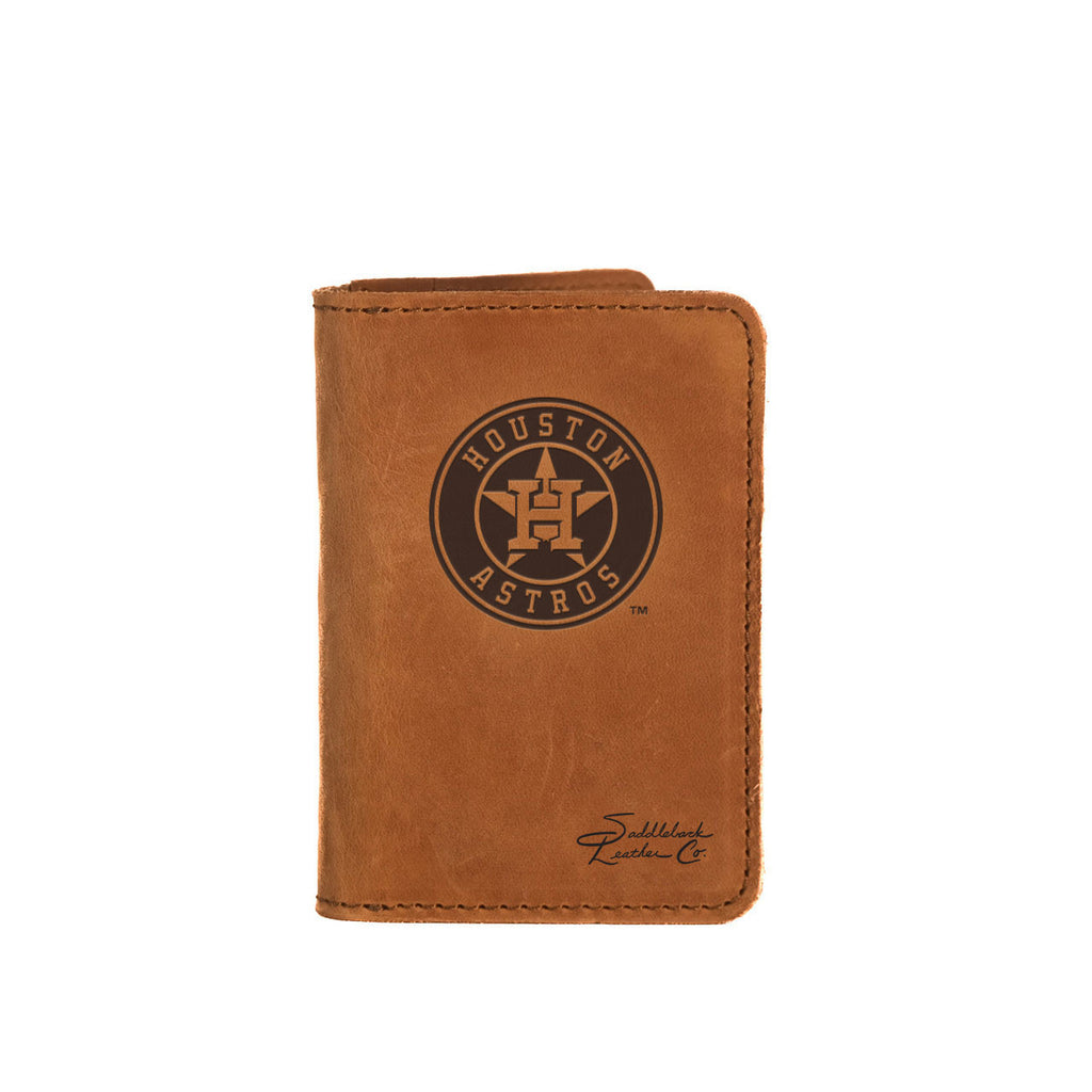 Leather Business Card Holder in Tobacco with embossed Houston Astros star logo, closed with a card peeking out