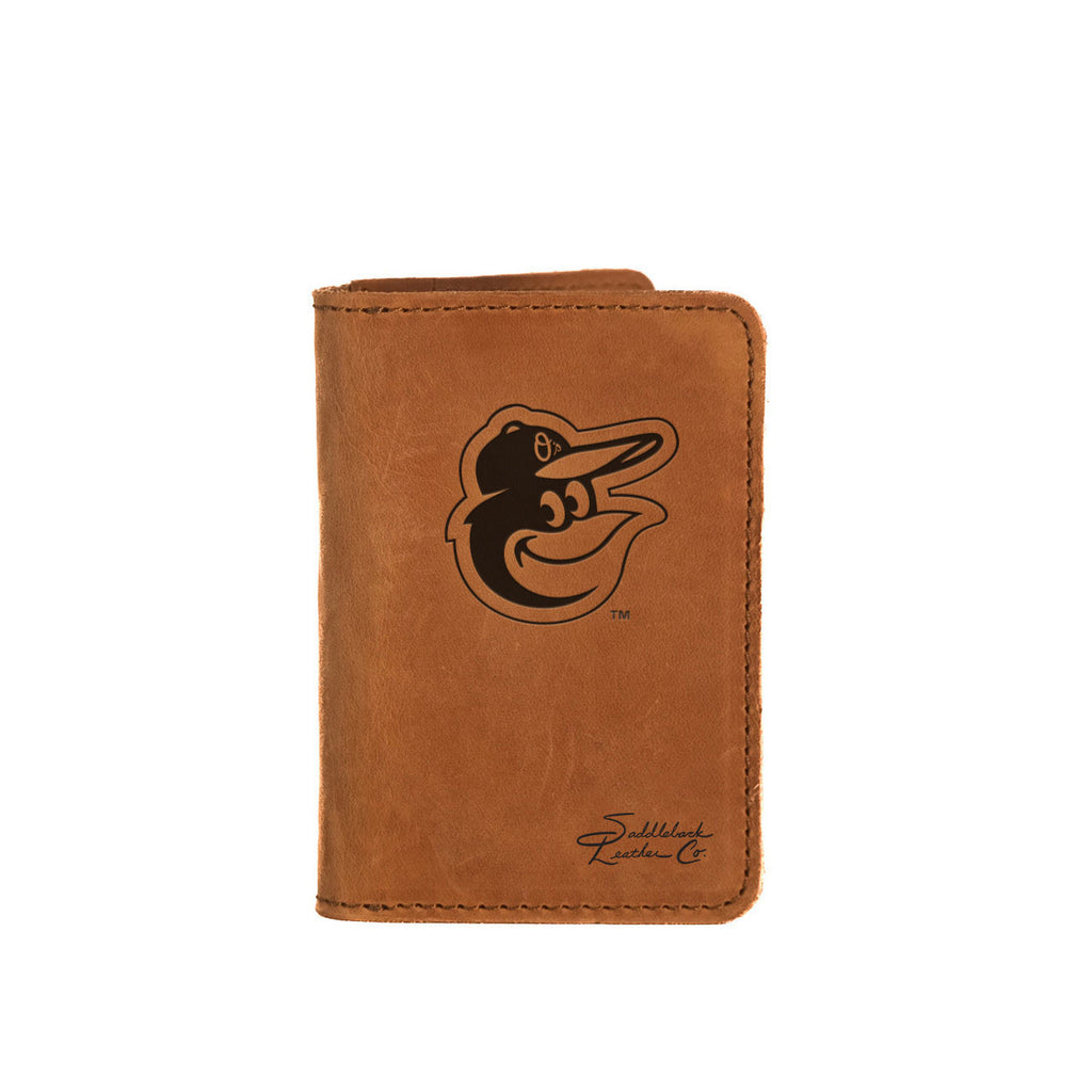 Leather Business Card Holder in Tobacco with embossed Baltimore Orioles bird logo, closed with a card peeking out