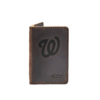 Leather Business Card Holder in Dark Coffee Brown with embossed Washington Nationals logo, closed front view