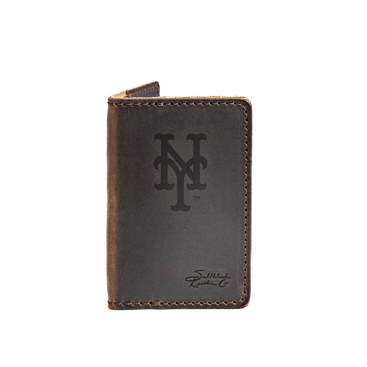 Leather Business Card Holder in Dark Coffee Brown with embossed New York Mets NY logo, closed with a card peeking out