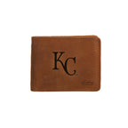 Leather Bifold Wallet in Tobacco with embossed Kansas City Royals KC logo, closed front view
