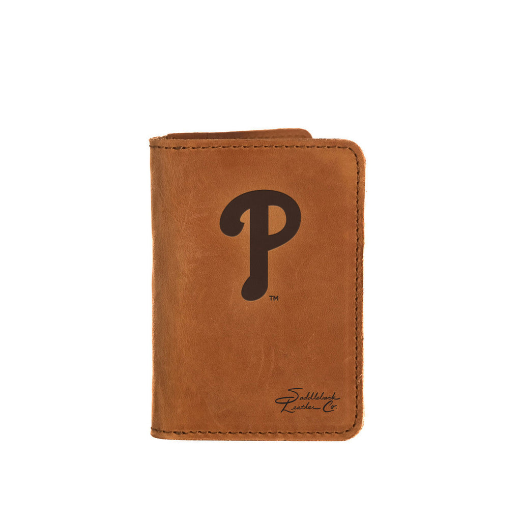 Leather Business Card Holder in Tobacco with embossed Philadelphia Phillies P logo, closed with a card peeking out
