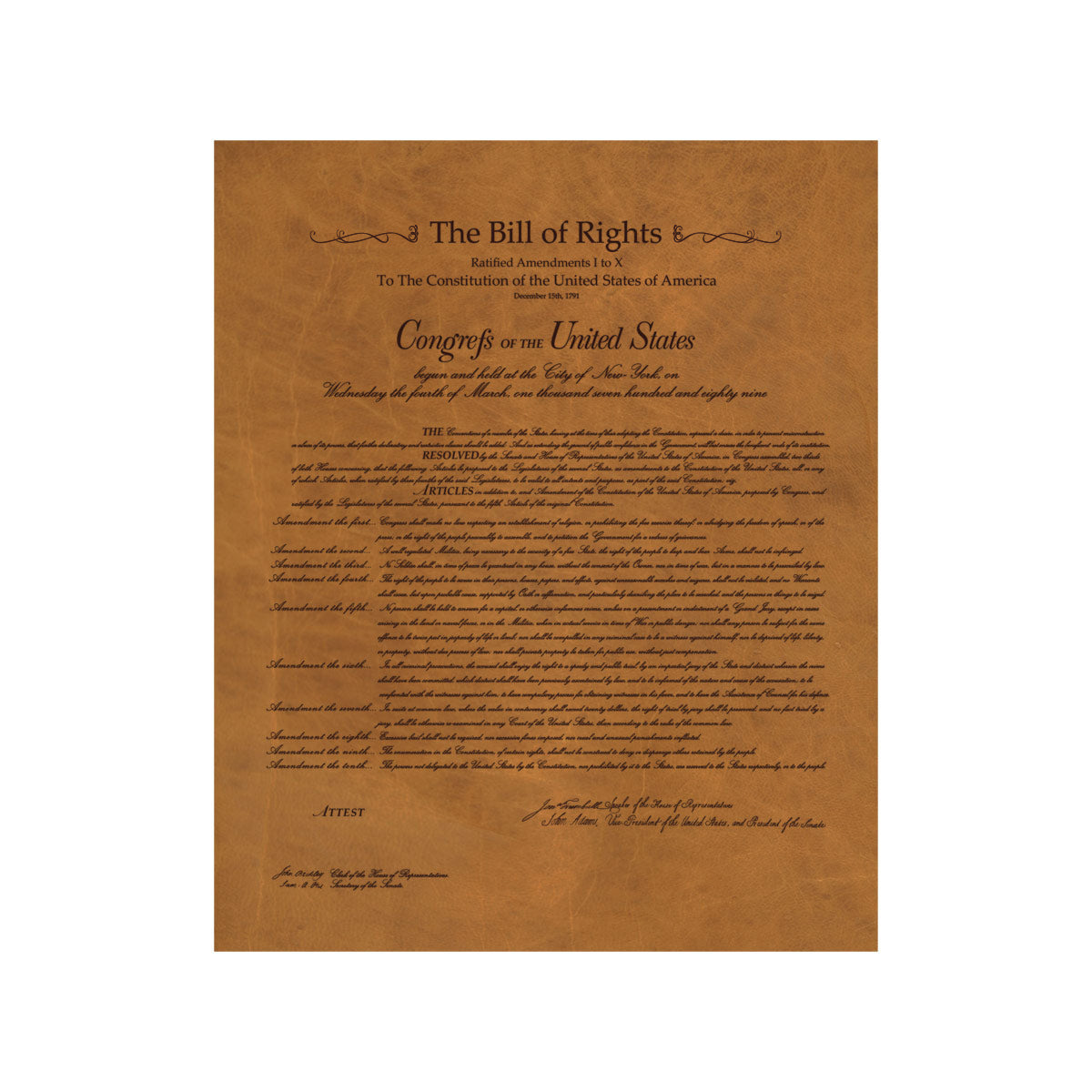 Leather Bill of Rights in tan, close-up of printed amendments and heading on the leather