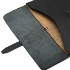 16" Document Holder in Black with the flap open, close-up of the rough-out underside and tan interior