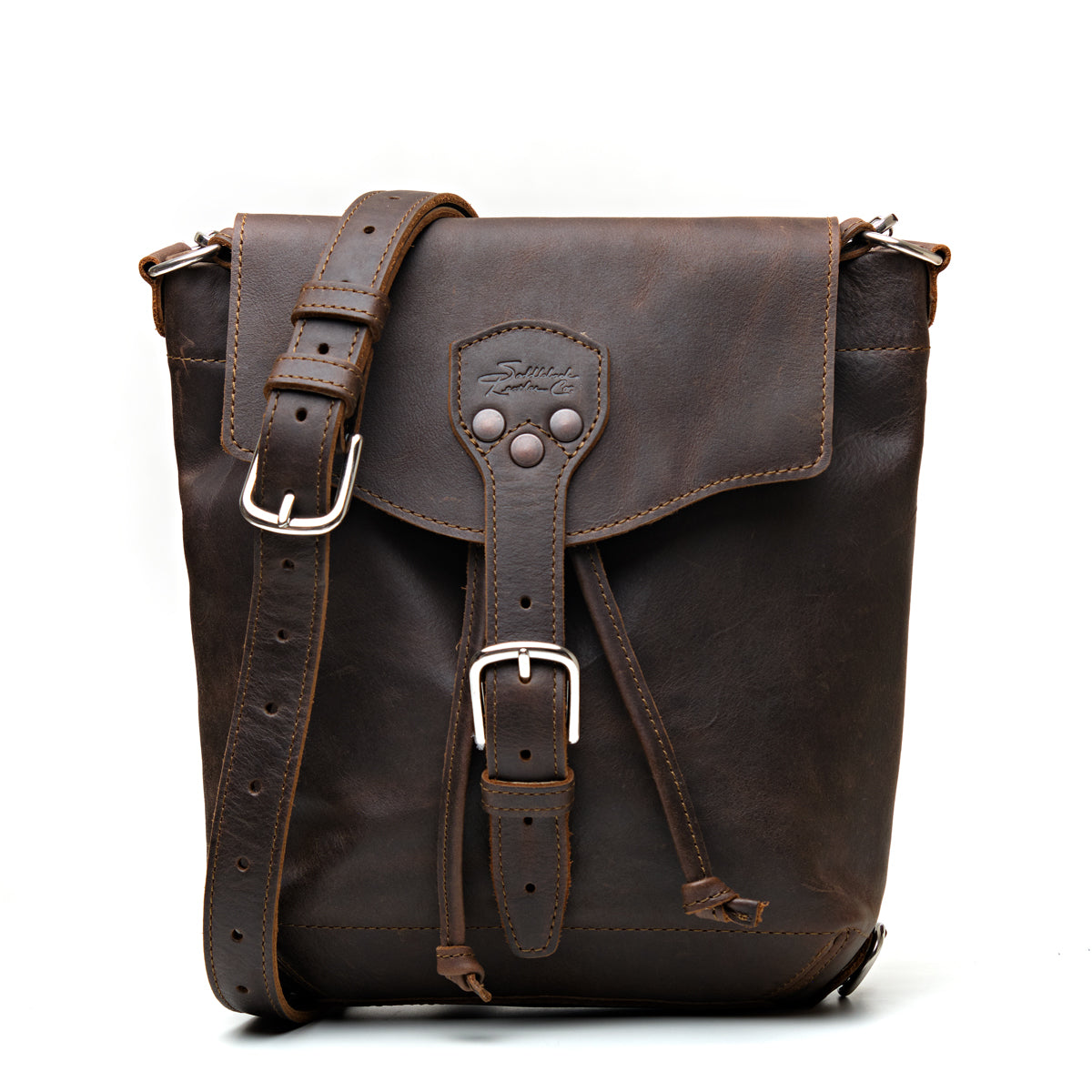 10" Convertible Crossbody in Dark Coffee Brown, front view with buckled flap, drawstring ties and strap