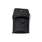Leather Organizer Bag in Black with the flap lifted to show the metal ring and embossed logo