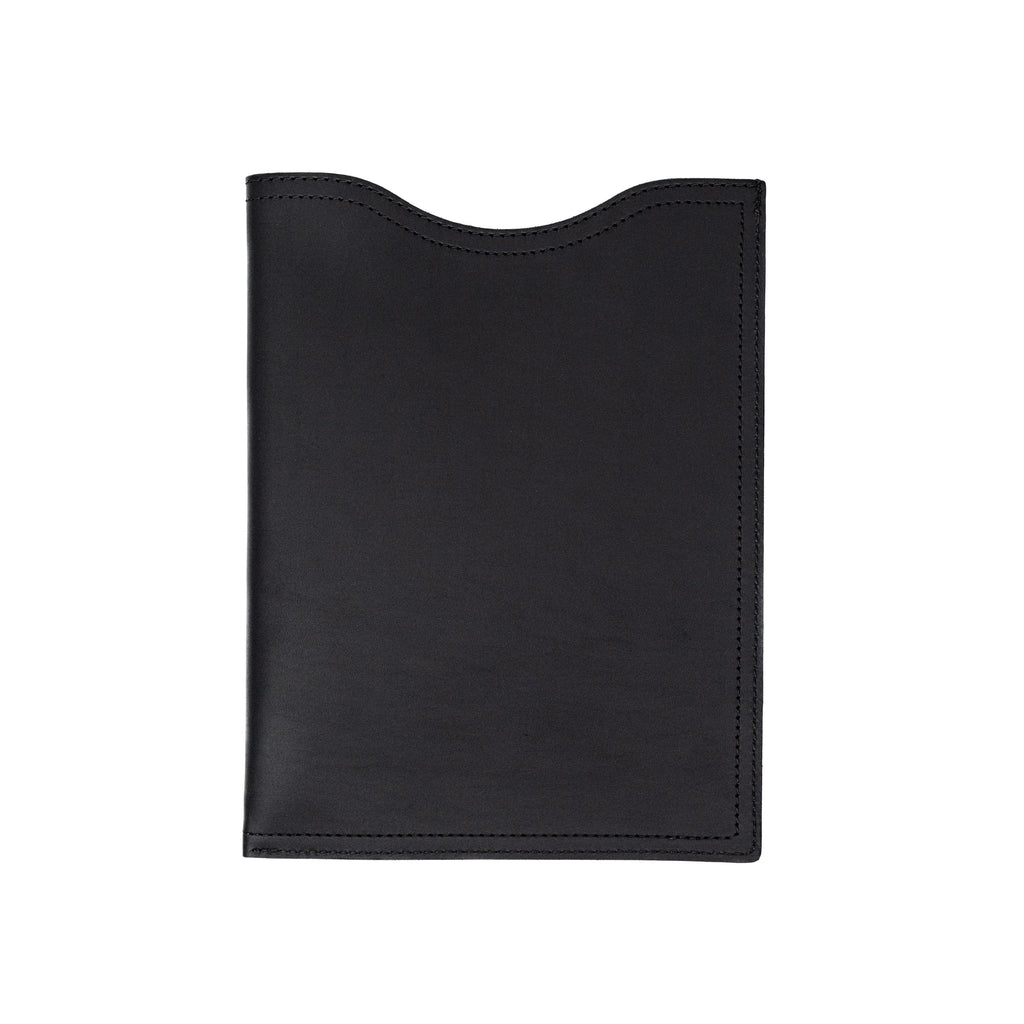 14" Vertical Laptop Sleeve in Black, back view with curved top opening and stitched edges