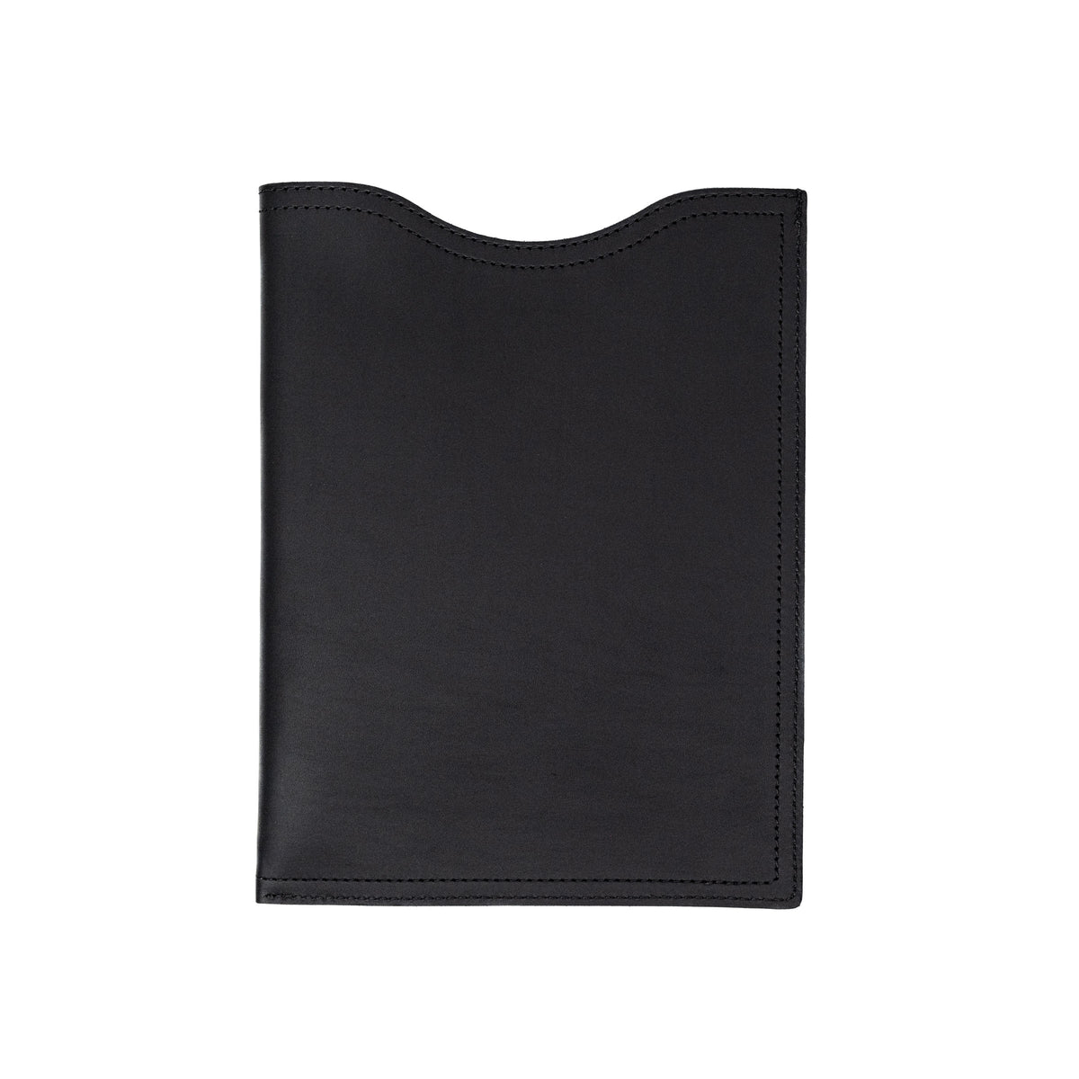 14" Vertical Laptop Sleeve in Black, back view with curved top opening and stitched edges