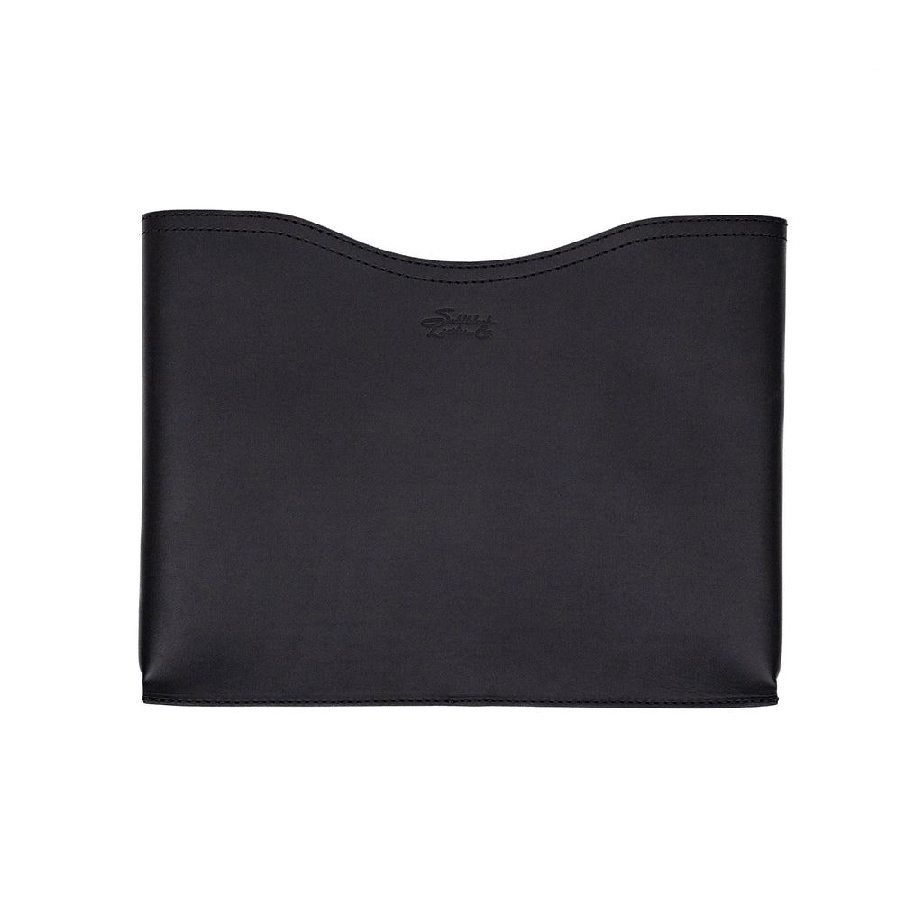 16" Horizontal Laptop Sleeve in Black, front view with curved top opening and logo