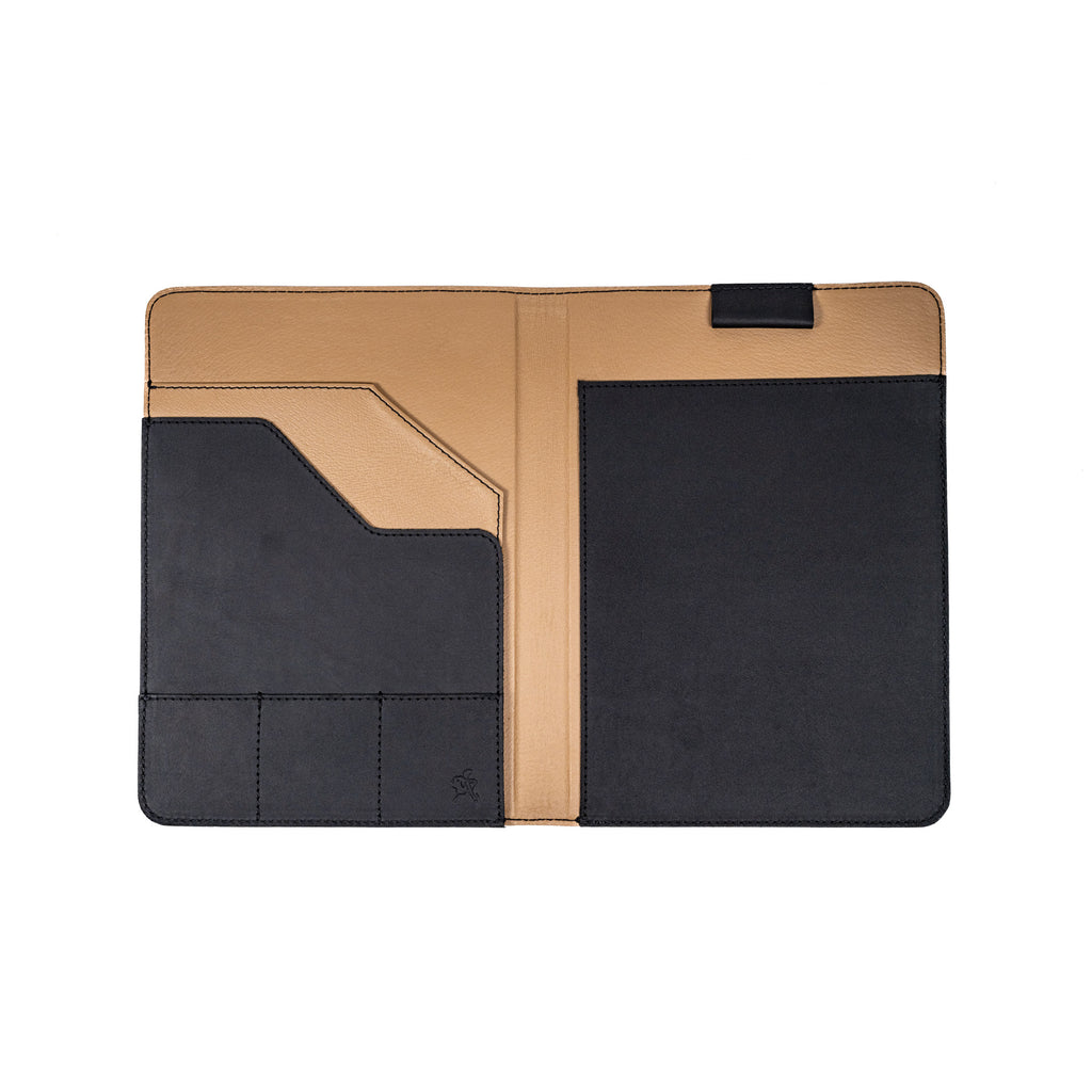 Old Design Medium Leather Portfolio in Black, open and empty showing interior pockets and card slots