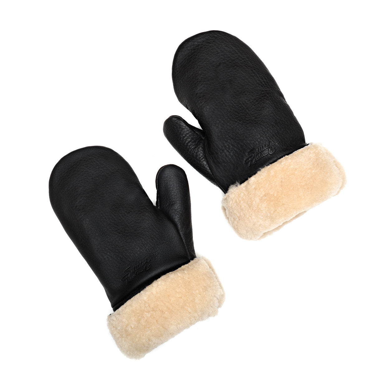 Sheepskin Mittens in black leather with cream shearling cuffs, pair laid flat at angles, top view