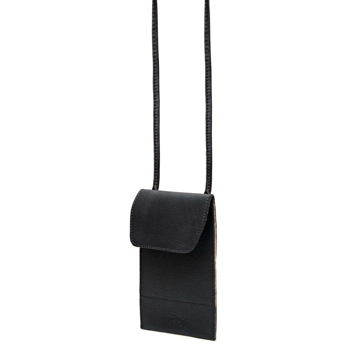Walker's Pouch in black, angled front view with flap closure and long crossbody strap