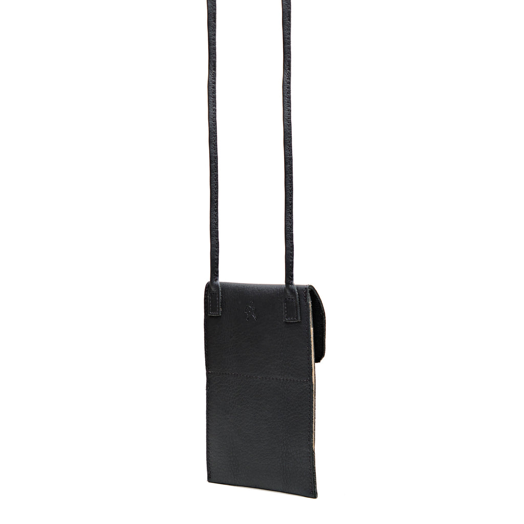 Walker's Pouch in black, angled back view with slip pocket and long crossbody strap