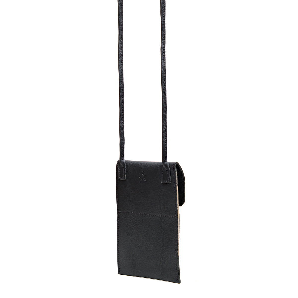 Walker's Pouch in black, angled back view with slip pocket and long crossbody strap