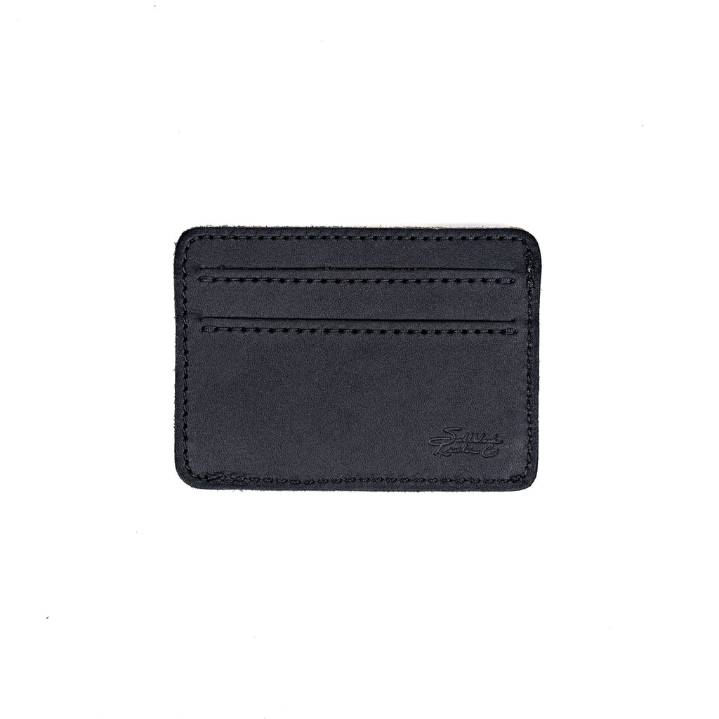Front Pocket Leather ID Wallet in Black, flat front view with two stitched card slots