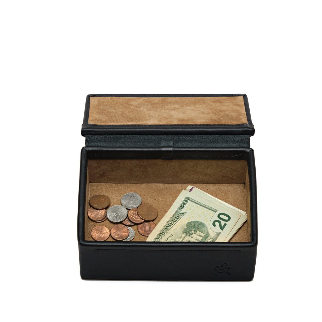 Small Organizer Box in Black, open lid showing suede lining with coins and folded cash inside