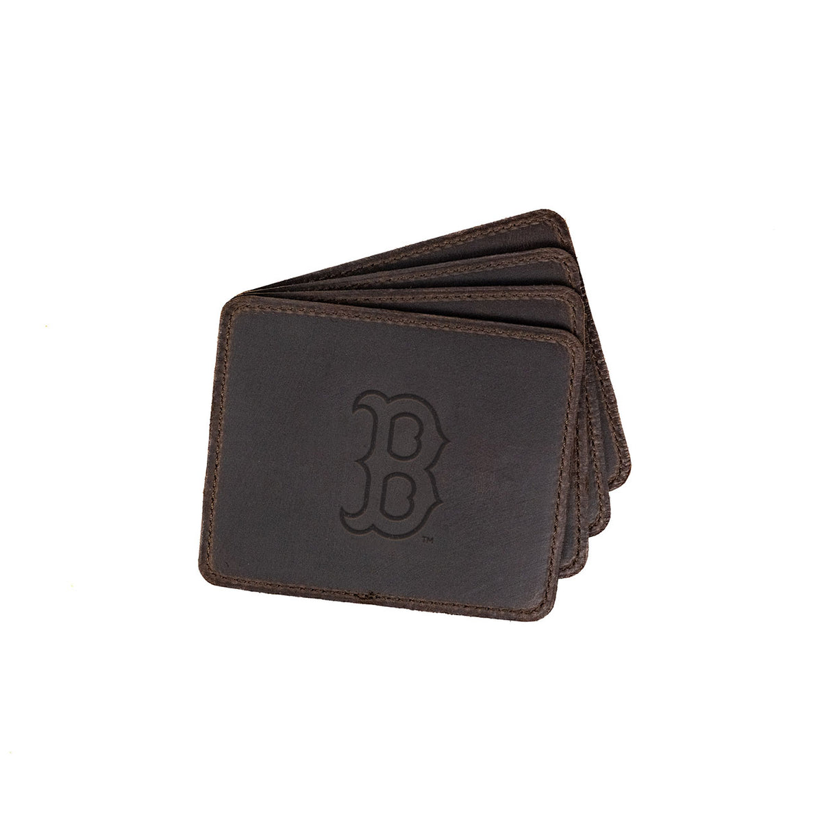 Boston Red Sox Leather Coaster Set in Dark Coffee Brown, four fanned coasters with embossed B logo