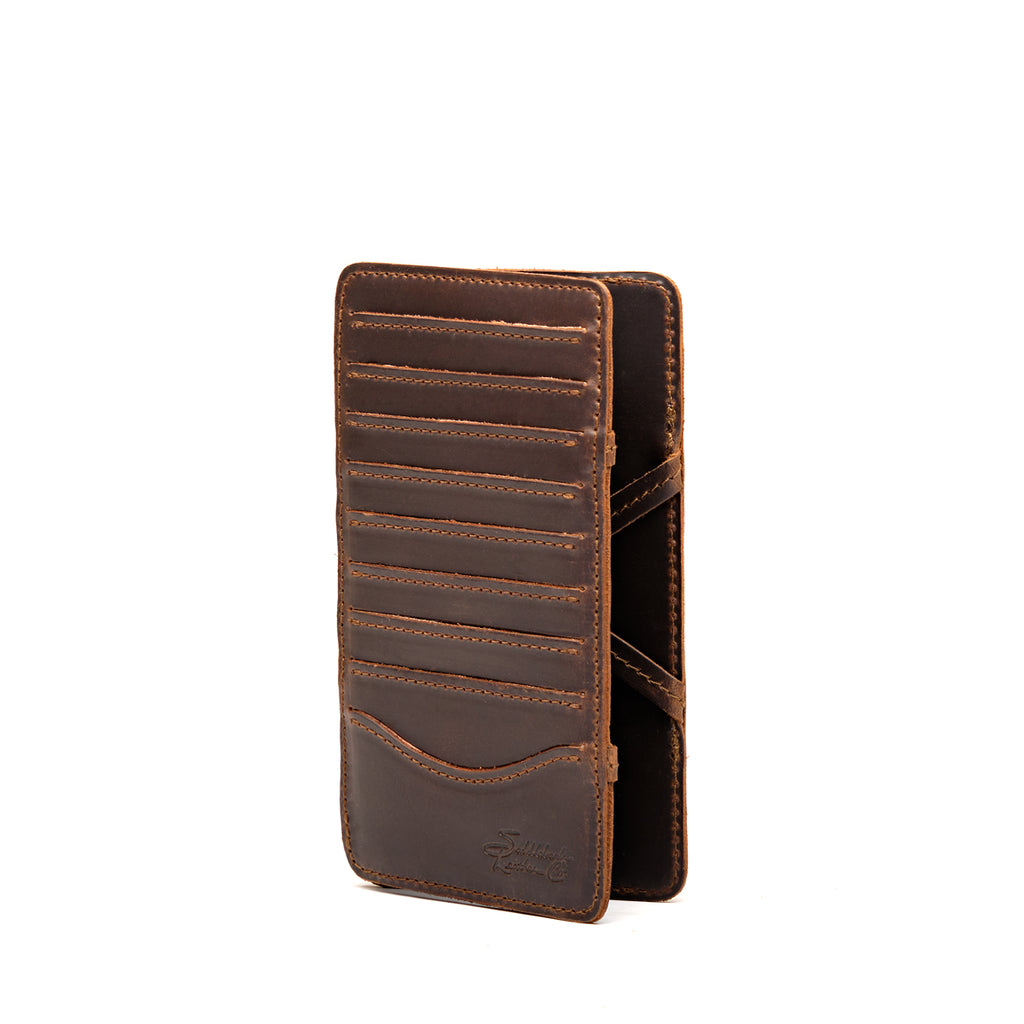 Large Magic Wallet in Dark Coffee Brown standing upright, showing the side with stacked card slots