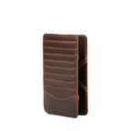 Large Magic Wallet in Dark Coffee Brown standing upright, showing the side with stacked card slots