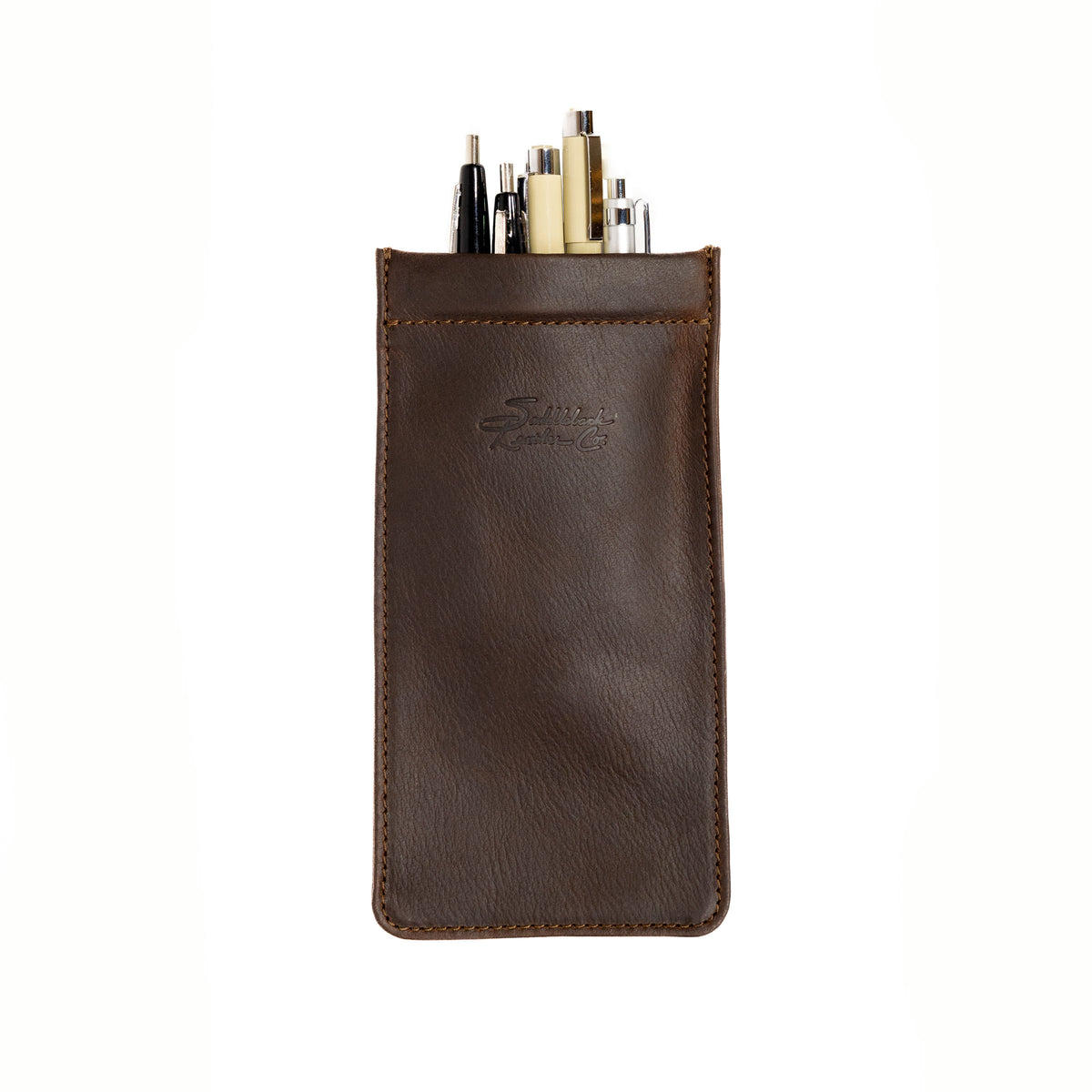 Bear Trap Leather Pen Case in Dark Coffee Brown holding pens, side with embossed script logo