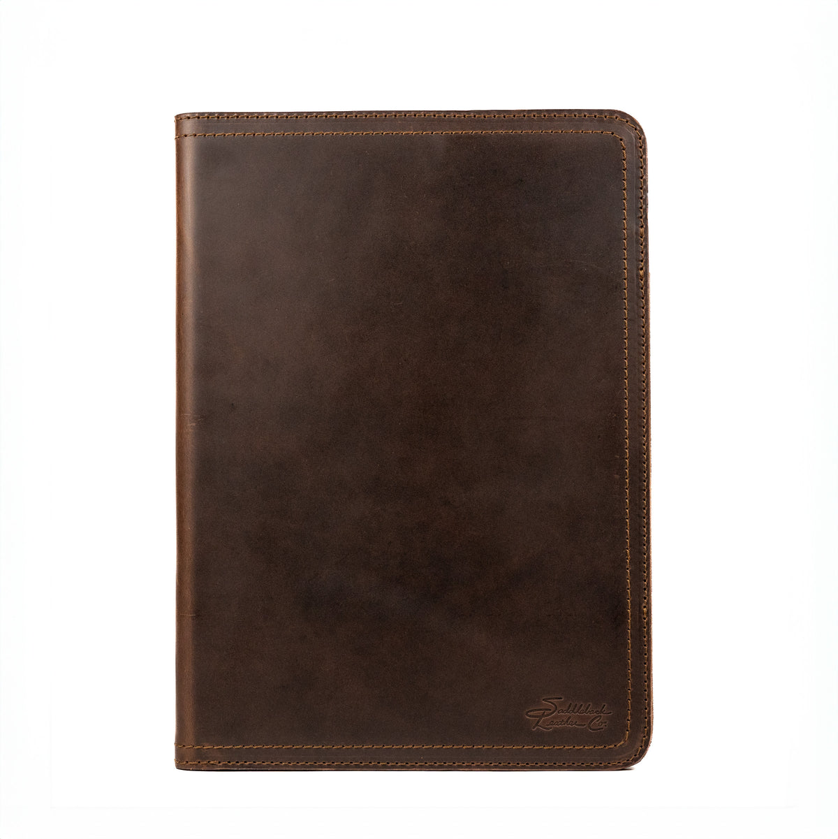 Old Design Medium Leather Portfolio in Dark Coffee Brown, closed front view with stitched edges and logo