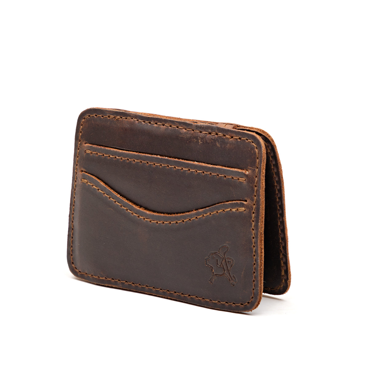 Front Pocket Magic Wallet in Dark Coffee Brown, angled view with curved card pockets and embossed emblem