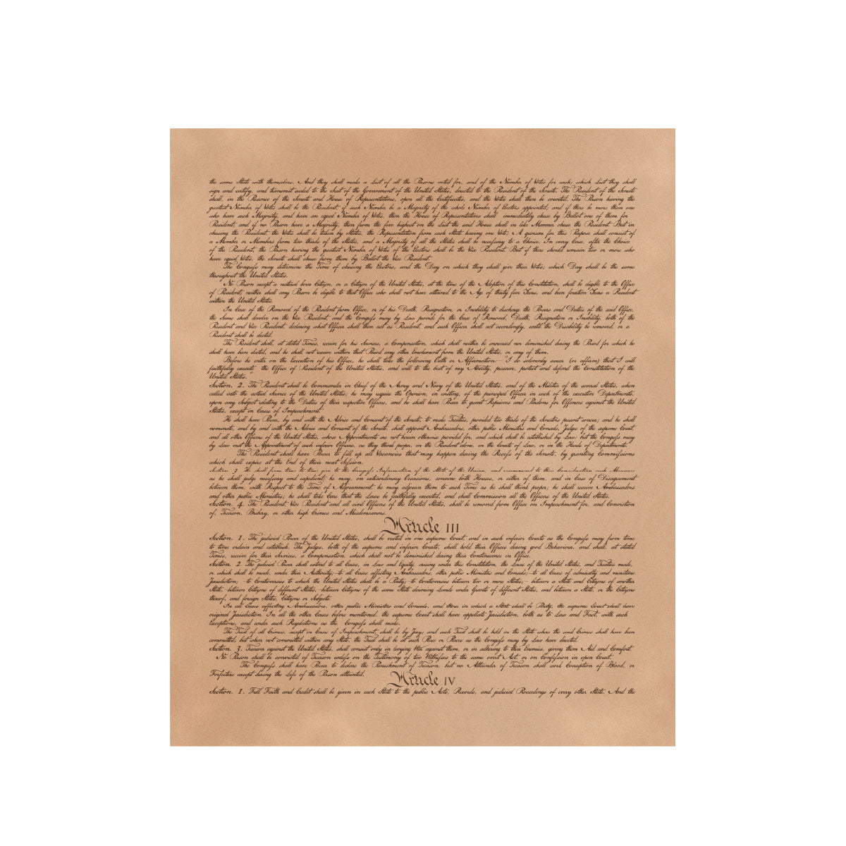 Leather Constitution of the United States - Natural, page three with Articles III and IV printed on tan leather