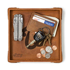 Washington Nationals Leather Valet Tray in Tobacco, top-down view holding a multi-tool, card wallet, keys and coins