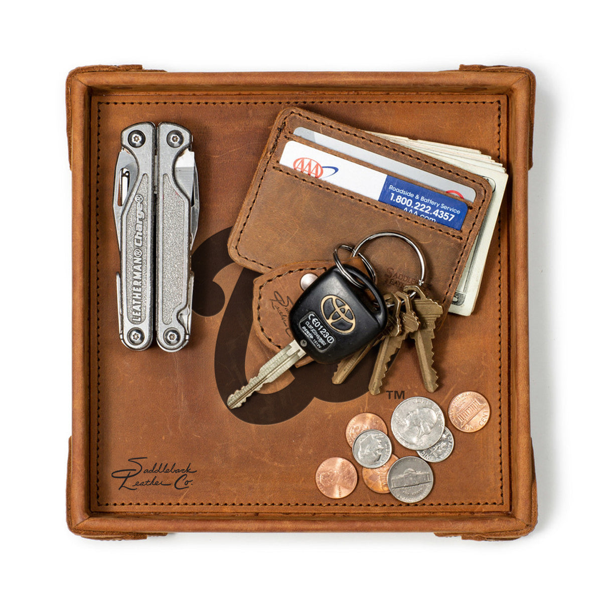 Washington Nationals Leather Valet Tray in Tobacco, top-down view holding a multi-tool, card wallet, keys and coins