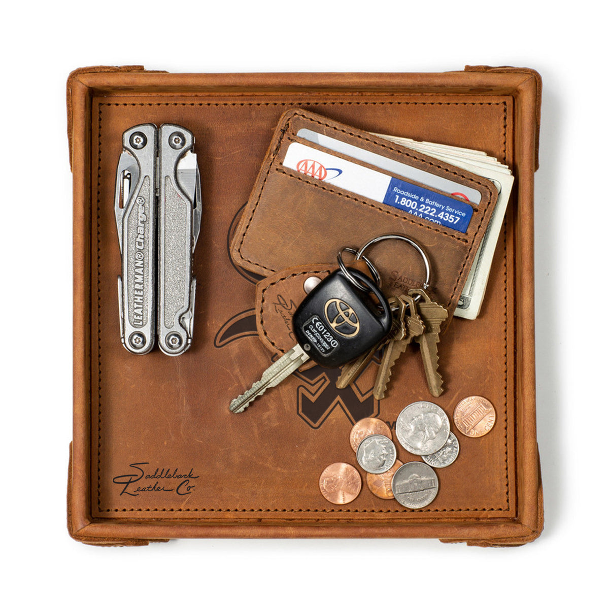 Chicago White Sox Leather Valet Tray in Tobacco, top-down view holding a multi-tool, card wallet, keys and coins