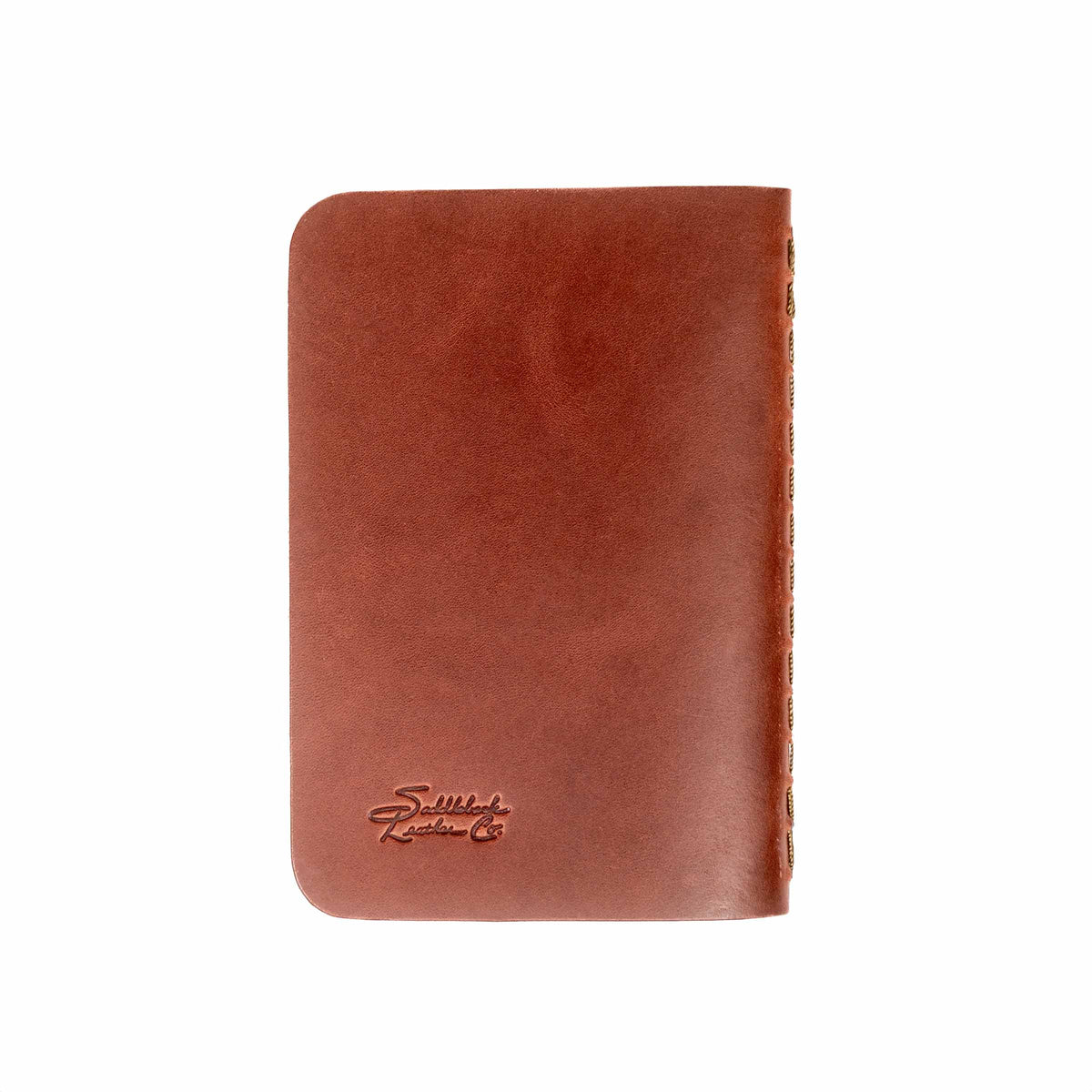 Leather Pocket Notebook in Chestnut, back cover view with debossed logo