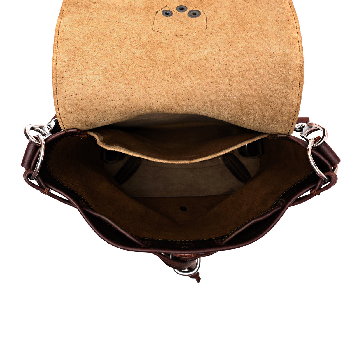 10" Convertible Crossbody in Chestnut, top view open and empty showing suede lining and interior pockets