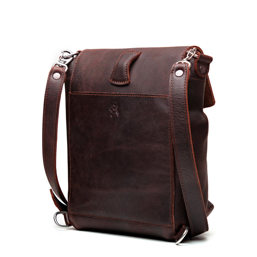 10" Convertible Crossbody in Chestnut, angled back view with slip pocket and shoulder strap
