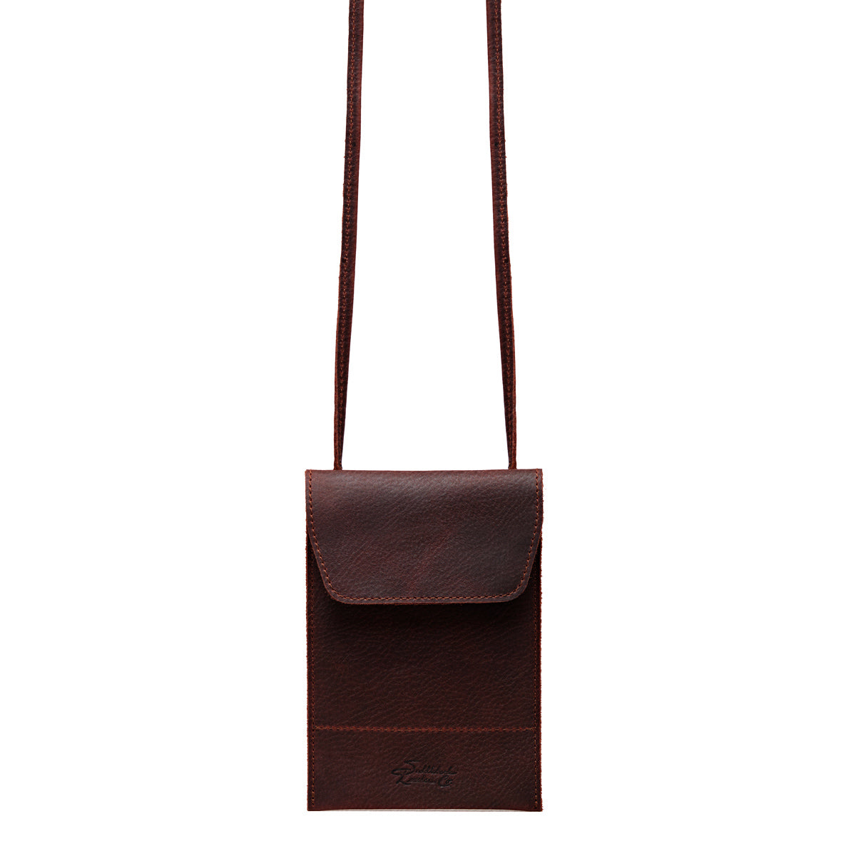 Walker's Pouch in Chestnut tumbled leather, front view with flap closure and long crossbody strap