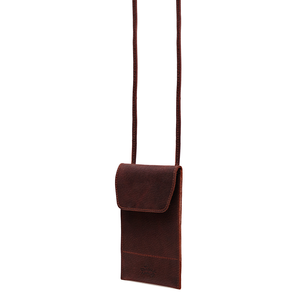 Walker's Pouch in Chestnut tumbled leather, angled front view with flap and crossbody strap