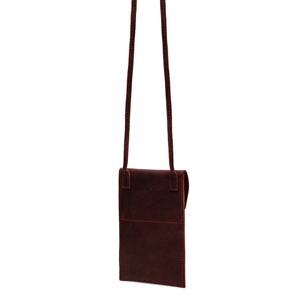 Walker's Pouch in Chestnut tumbled leather, back view with stitched slip pocket and strap
